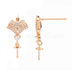 Brass Micro Pave Clear Cubic Zirconia Earring Findings, for Half Drilled Beads, Nickel Free, Real 18K Gold Plated, 20.5x10.5mm, Pin: 0.8mm, Pin: 0.8mm(for Half Drilled Beads)
