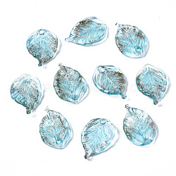 Handgefertigt Murano-Anhänger, mit Glitzerpulver, Blatt, Himmelblau, 22~23x14~15x5 mm, Bohrung: 1~1.5 mm