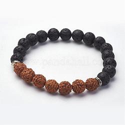 Bracelets extensibles en pierre de lave naturelle, avec des perles de bodhi et d'alliage, ronde, 2-1/8 pouce (55 mm)
