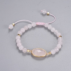 Natürliche Rose Quarz geflochtene Perlen Armbänder, mit Messingzubehör und Nylonfaden, golden, 2 Zoll ~ 2-3/4 Zoll (5~7 cm), Perlen: 6~6.5 mm
