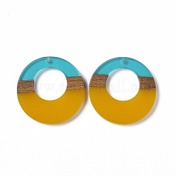 Transparent Resin & Walnut Wood Pendants, Ring Charms, Gold, 38x3.5mm, Hole: 2mm