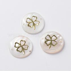 Freshwater Shell Links connectors, with Alloy Findings, Flat Round with Clover, Golden, 20x3~3.5mm, Hole: 1mm