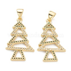 Brass Micro Pave Cubic Zirconia Pendants, Long-Lasting Plated, Real 18K Gold Plated, Christmas Tree, Colorful, 27x15.7x2mm, Hole: 5x3.3mm