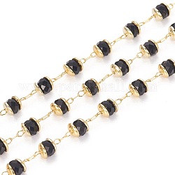 Chaînes de perles en verre manuels, avec les accessoires en laiton, Plaqué longue durée, rondelle, facette, soudé, or, noir, 4mm, environ 32.8 pied (10 m)/rouleau