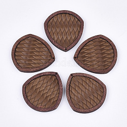 Pendentifs en cuir de vachette écologique, avec du bois teint, motif imitation rotin tissé, larme, chameau, 41x37.5x4mm, Trou: 1.2mm
