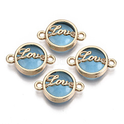 Glass Links Connectors, with Light Gold Plated Alloy Findings, for Valentine's Day, Flat Round with Word Love, Light Sky Blue, 13.5x19.5x5.5mm, Hole: 1.6mm