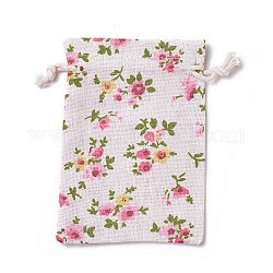 Burlap Packing Pouches, Drawstring Bags, Rectangle with Flower Pattern, Colorful, 14~14.4x10~10.2cm
