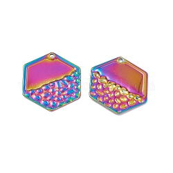 Baño de iones (ip) 304 colgantes de acero inoxidable, encanto hexagonal, color del arco iris, 26x23x1.5mm, agujero: 1.6 mm