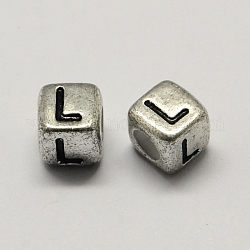 Perles européennes de lettre plaquées argent antique à gros trou, trou horizontal, cube avec letter.l, 6x6x6mm, Trou: 4mm, environ 2950 pcs/500 g