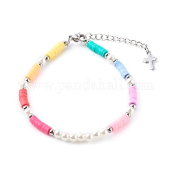 Bracelets de perles heishi en pâte polymère, avec des perles d'imitation en plastique ABS et 304 fermoir pince de homard en acier inoxydable, couleur inoxydable, colorées, 7-1/8 pouce (18.2 cm)