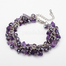 Trendy Women's Gemstone Bracelets, with Glass Beads, Brass Lobster Claw Clasps and Brass Tail Chain, Platinum, Amethyst, 160x15mm