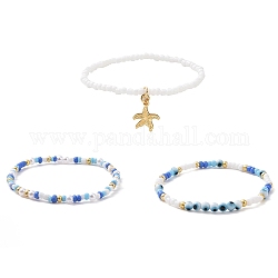 3 pièces 3 style graine de verre & abs plastique perle & mauvais œil perlé bracelets extensibles ensemble, breloques d'étoiles de mer en laiton bracelets empilables pour femmes, couleur mixte, diamètre intérieur: 2 pouce (5.2 cm), 1pc / style