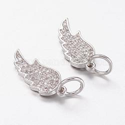 Brass Micro Pave Cubic Zirconia Pendants, Wing, Real Platinum Plated, 20x8x2mm, Hole: 5mm