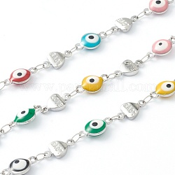 304 Stainless Steel Enamel  Link Chains, Evil Eye & Heart with Word Love, Unwelded, with Spool, Stainless Steel Color, Mixed Color, Evil Eye: 11x6x3mm, Heart: 10x5x2mm, 16.4 Feet(5m)/roll