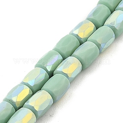 Brins de perles de verre imitation jade givré, de couleur plaquée ab , facette, colonne, vert pale, 8x6mm, Trou: 1.4mm, Environ 80 pcs/chapelet, 25.04'' (63.6 cm)