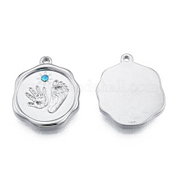 304 Stainless Steel Pendants, with Aquamarine Rhinestone, Nuggets with Fingerprint & Footprints, Stainless Steel Color, 19.5x15.5x2.5mm, Hole: 1.4mm