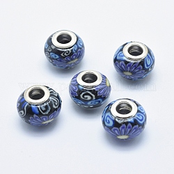 Perles européennes artisanales en pâte de polymère, avec noyaux en laiton plaqué couleur argent, Perles avec un grand trou   , rondelle avec motif de fleurs, bleu moyen, 13~16x8~11mm, Trou: 4.5~5mm