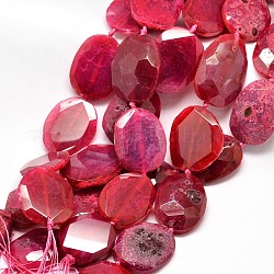 Oval Natural Agate Faceted Beads Strands, Dyed, Cerise, 45~60x35~50x6~20mm, Hole: 3mm, about 8pcs/strand, 16.5inch