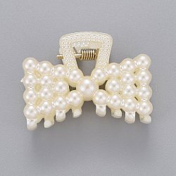 Plastique de pinces à cheveux griffes, avec des perles d'imitation en plastique ABS et des accessoires en fer, bowknot, blanc, 29x39x25.5mm