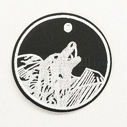 Computergesteuerte Stickerei Stoff zum Aufbügeln / Aufnähen von Patches, Kostüm-Zubehör, Applikationen, flache Runde mit Wolf, black & white, 73 mm