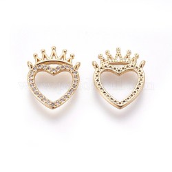 Brass Micro Pave Cubic Zirconia Pendants, Heart with Crown, Clear, Golden, 17x14x2mm, Hole: 1mm