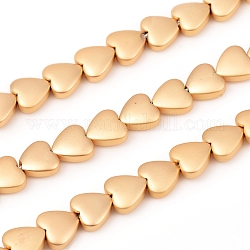 Electroplated Non-magnetic Synthetic Hematite Beads Strands, Frosted, Heart, Light Gold Plated, 8x8x3mm, Hole: 0.8mm, about 55pcs/Strand, 15.75 inch(40cm)