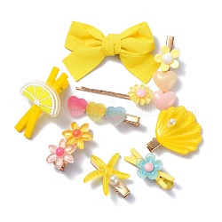 kids Hair Clips Sets, Iron Snap Hair Clips & Alligator Hair Clips & Hair Bobby Pins, with Resin and Cloth, Bowknot & Lemon & Butterfly & Shell & Flower & Starfish, Yellow, 42~76x15.5~46x10.5~20mm, 9pcs/set