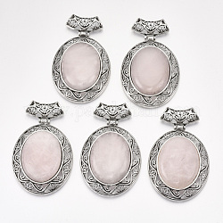 Gros pendentifs en quartz rose naturel, avec les accessoires en alliage, ovale, argent antique, 60x46x15mm, Trou: 8x5mm