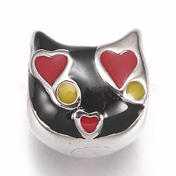 304 Stainless Steel Kitten Beads, with Enamel, Large Hole Beads, Cat with Heart Shape, Stainless Steel Color, Black, 12x12x11mm, Hole: 5.5mm