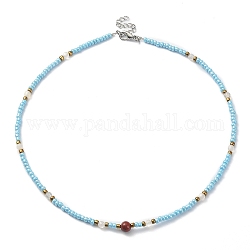 Dyed Natural Agate & Red Jasper & Seed Beaded Necklace, Cyan, 16.93 inch(43cm)