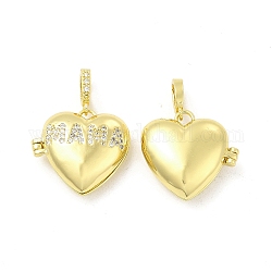 Pendenti con medaglione in ottone zirconi chiaro micro pavè, cuore con charms word mama, oro chiaro, 20x21x7.5mm, Foro: 5.5x3 mm