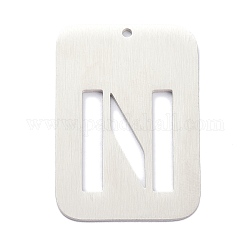 304 Stainless Steel Pendants, Rectangle with Alphabet, Hollow, Letter.N, 32x22x1mm, Hole: 1.5mm