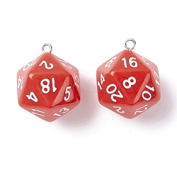 Opaque Acrylic Pendants, with Platinum Plated Iron Findings, Faceted, Polyhedral Dice, D20, Red, 27.5x20x20mm, Hole: 2mm