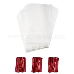 OPP sacs de cellophane, avec attaches torsadées en plastique et en fer, rectangle, rouge, 25x15 cm, 100 pièces / kit