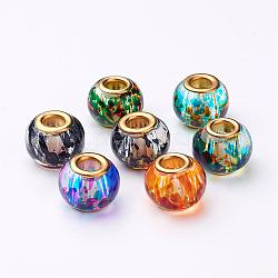 Spray Painted Two Tone Glass European Beads, with Brass Cores, Large Hole Beads, Rondelle, Golden, Mixed Color, 15x12mm, Hole: 5mm