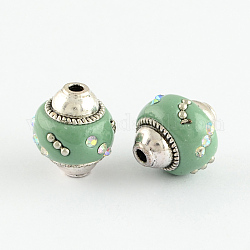 Handmade Indonesia Beads, with Alloy Cores and Rhinestone Beads, Antique Silver, DarkSea Green, 14x17mm, Hole: 2mm