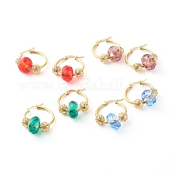304 Stainless Steel Hoop Earrings,  with Brass & Glass European Beads, Mixed Color, 36x25x2mm, Pin: 0.7mm