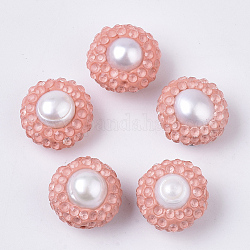 Polymer Ton Strass Perlen, mit natürlicher Süßwasser-Zuchtperle, Flachrund, Licht Lachs, 12~13x8~9 mm, Bohrung: 0.7 mm