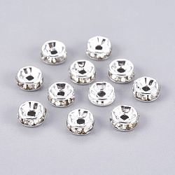Abalorios de latón Diamante de imitación espaciador, Grado A, rerondana plana, color plateado, tamaño: aproximamente 6 mm de diámetro, 3 mm de espesor, agujero: 1.5 mm