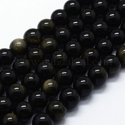 Natural Golden Sheen Obsidian Beads Strands, Round, 10mm, Hole: 1mm, about 37pcs/strand,  14.76 inch(37.5cm)