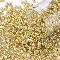 8/0 Perlas de semillas de vidrio, estilo de colores metalizados, redondo, oro, 8/0, 3mm, agujero: 1 mm, aproximamente 10000 unidades / libra