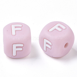 Food Grade Eco-Friendly Silicone Beads, Horizontal Hole, Chewing Beads For Teethers, DIY Nursing Necklaces Making, Letter Style, Cube, Pink, Letter.F, 10x10x10mm, Hole: 2mm