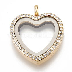 Alliage pendentifs médaillon magnétiques, avec strass et de verre, cœur, cristal, or, 35x30x8mm, Trou: 4mm, mesure intérieure: 20x22 mm