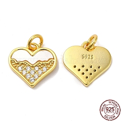 925 Sterling Silver Micro Pave Cubic Zirconia Charms, Heart Charm, with Shell & 925 Stamp & Jump Ring, Real 18K Gold Plated, 12x12x2mm, Hole: 3mm