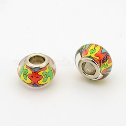 Handmade Polymer Clay Enamel Large Hole Rondelle European Beads, with Platinum Brass Double Cores, Colorful, 14x9mm, Hole: 5mm