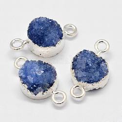 Electroplated Natural & Dyed Druzy Agate Links connectors, with Silver Color Plated Brass Findings, Flat Round, Royal Blue, 16~18x10~10.5x6~7mm, Hole: 2mm