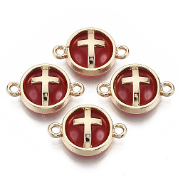 Conectores de enlaces de vidrio, con fornituras de aleación chapada en oro ligero, plano y redondo con la cruz, de color rojo oscuro, 13.5x19.5x5.5mm, agujero: 1.6 mm