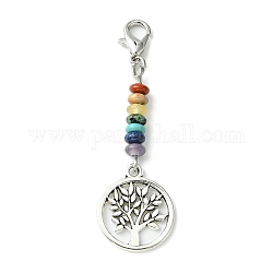 Alloy Tree of Life Pendant Decorations, with Chakra Gemstone Bead and Zinc Alloy Lobster Claw Clasps, Flat Round, 56.5mm