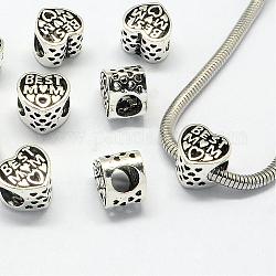 Tibetischer stil legierung perlen, Großloch perlen, Herz, Antik Silber Farbe, 11x12x9 mm, Bohrung: 6 mm