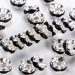 Perline distanziatori strass in ottone, grado a, strass nero, colore argento placcato, nichel libero, misura:circa6mm di diametro, 3 mm di spessore, Foro: 1 mm
